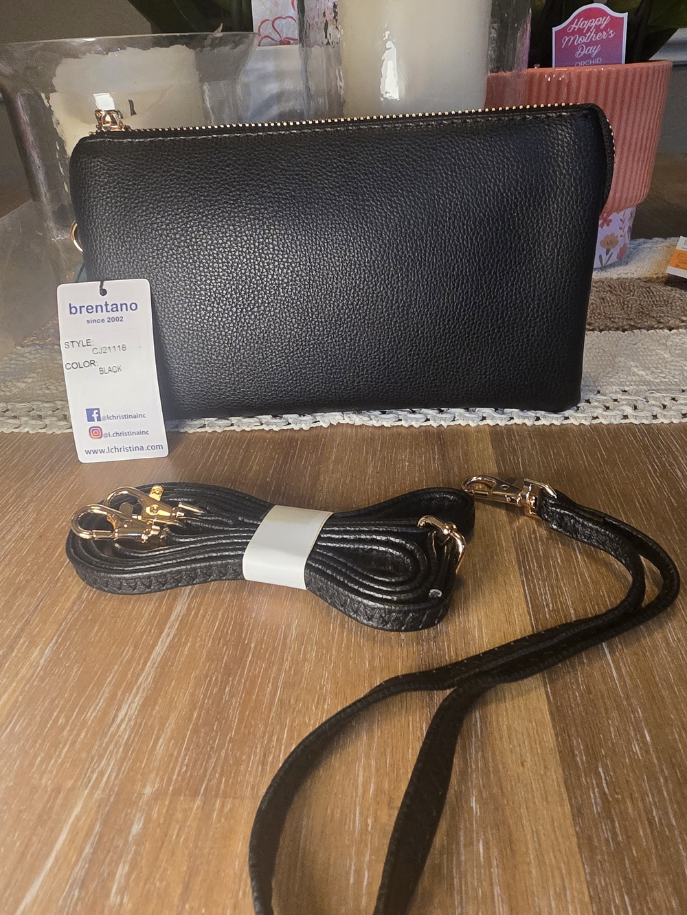 Brentano Black Vegan Leather Crossbody Wristlet Wallet - Black